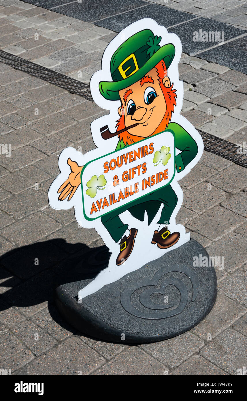 Leprechaun sign outside souvenir shop in Galway City, Ireland Stock Photo