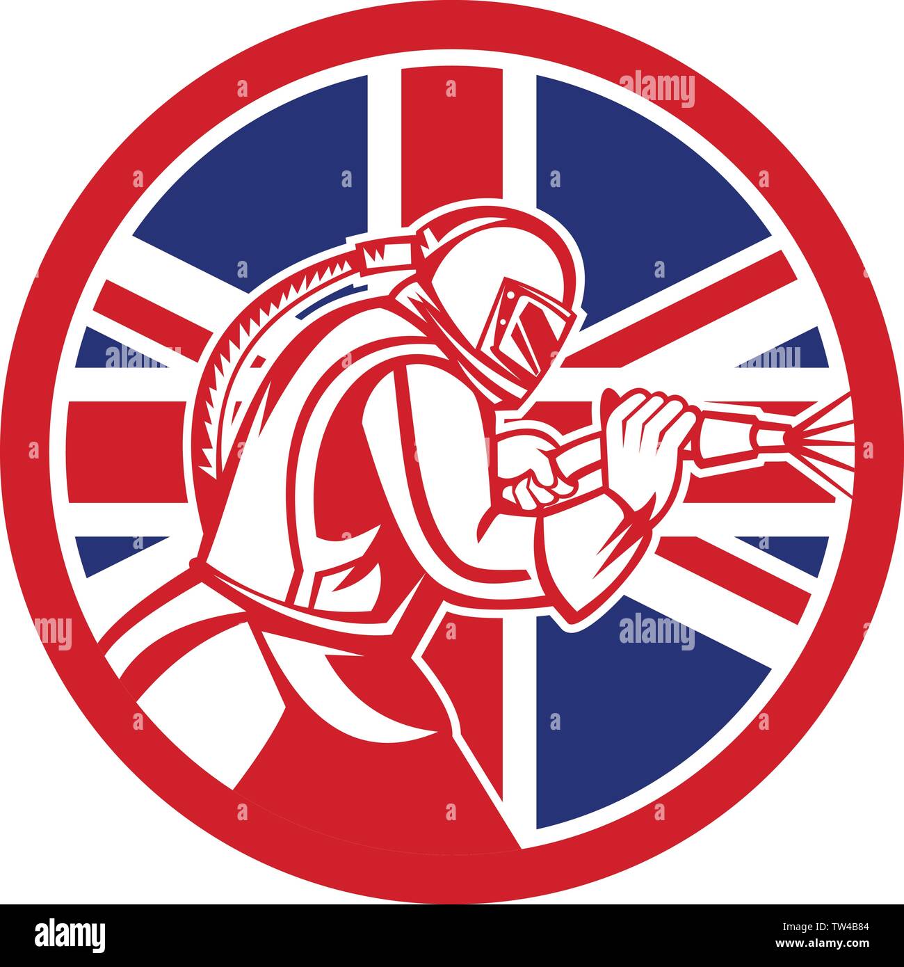 Mascot icon illustration of a British sandblaster or sand blaster abrasive blasting viewed from side set inside circle with Union Jack flag on isolate Stock Vector