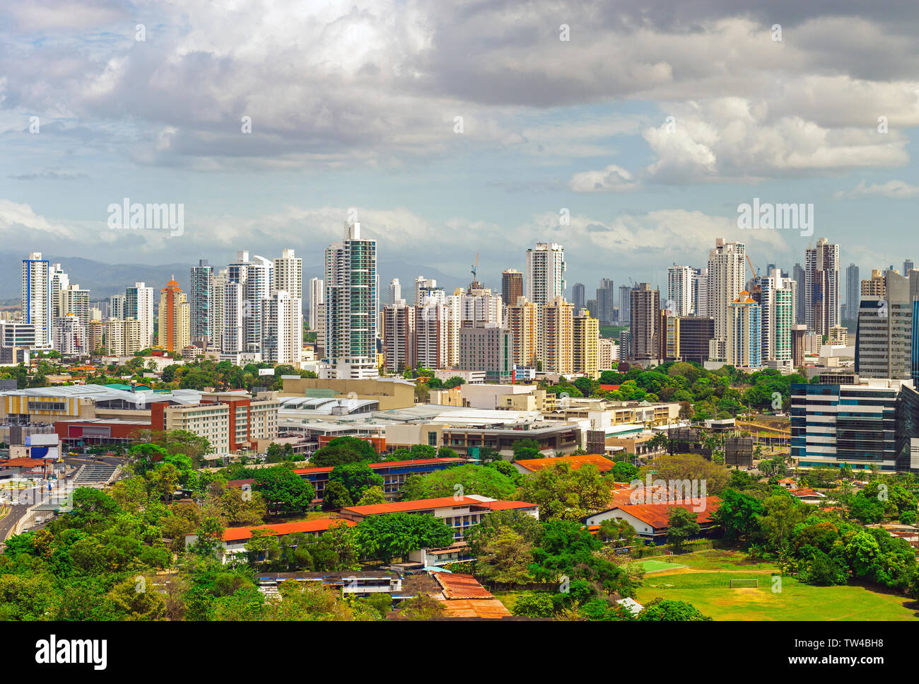 The urban skyline of Panama City with its impressive skyscrapers at sunrise, Panama. Stock Photo