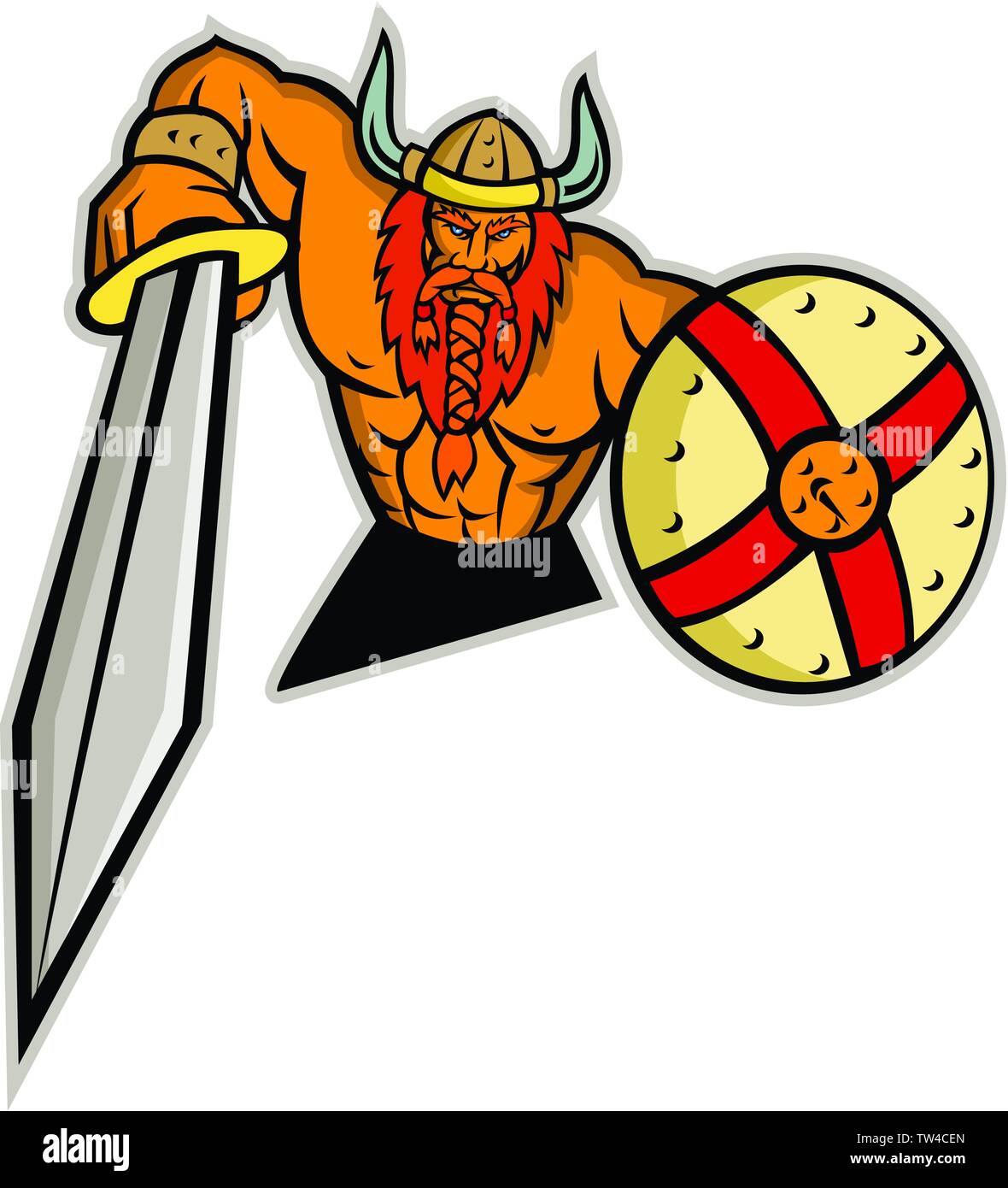 Mascot icon illustration of bust of a Viking, Norseman or Norse seafarer with sword and shield viewed from   front on isolated background in retro sty Stock Vector