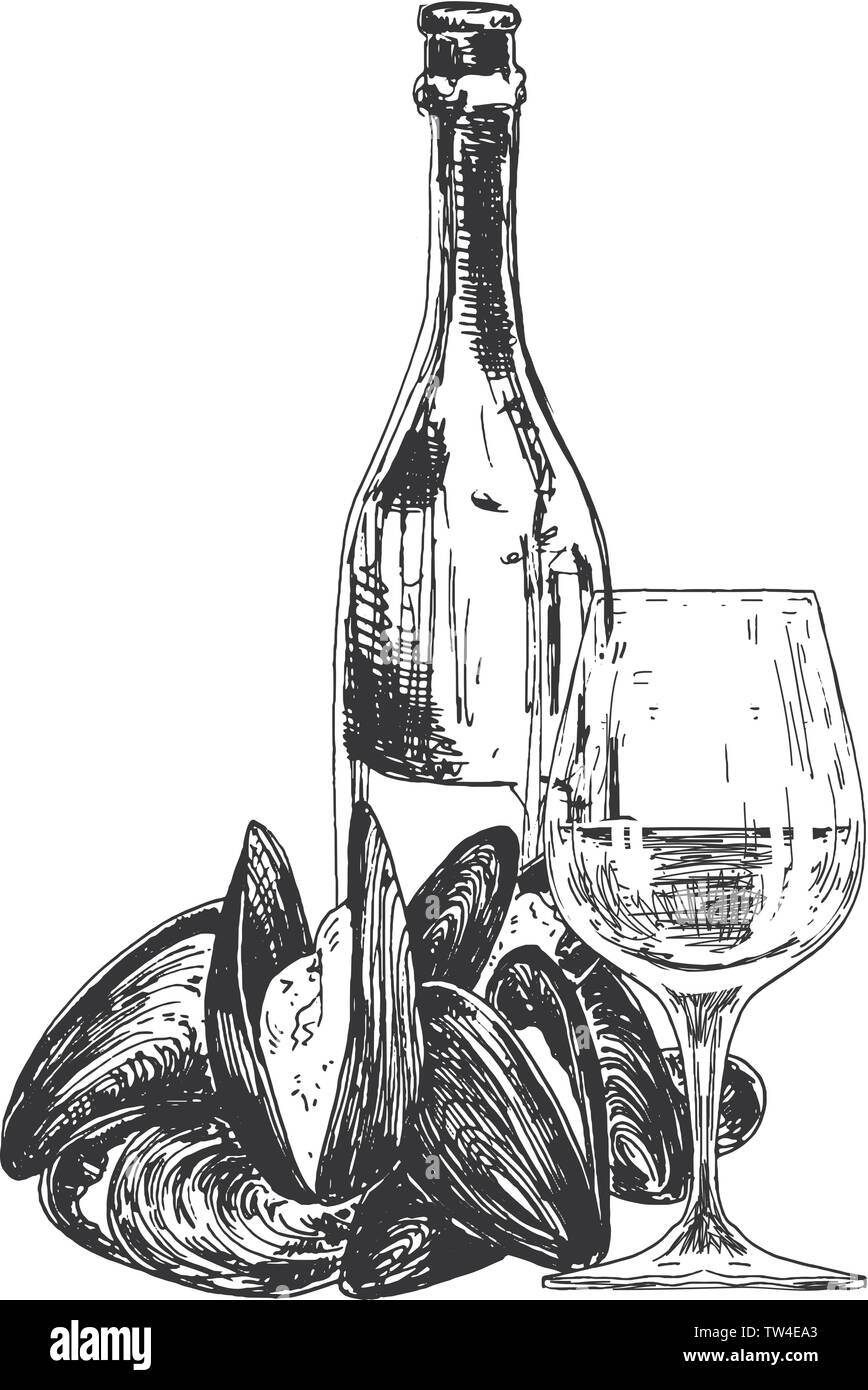 Vector composition with mussels, wine bottle and glass Stock Vector