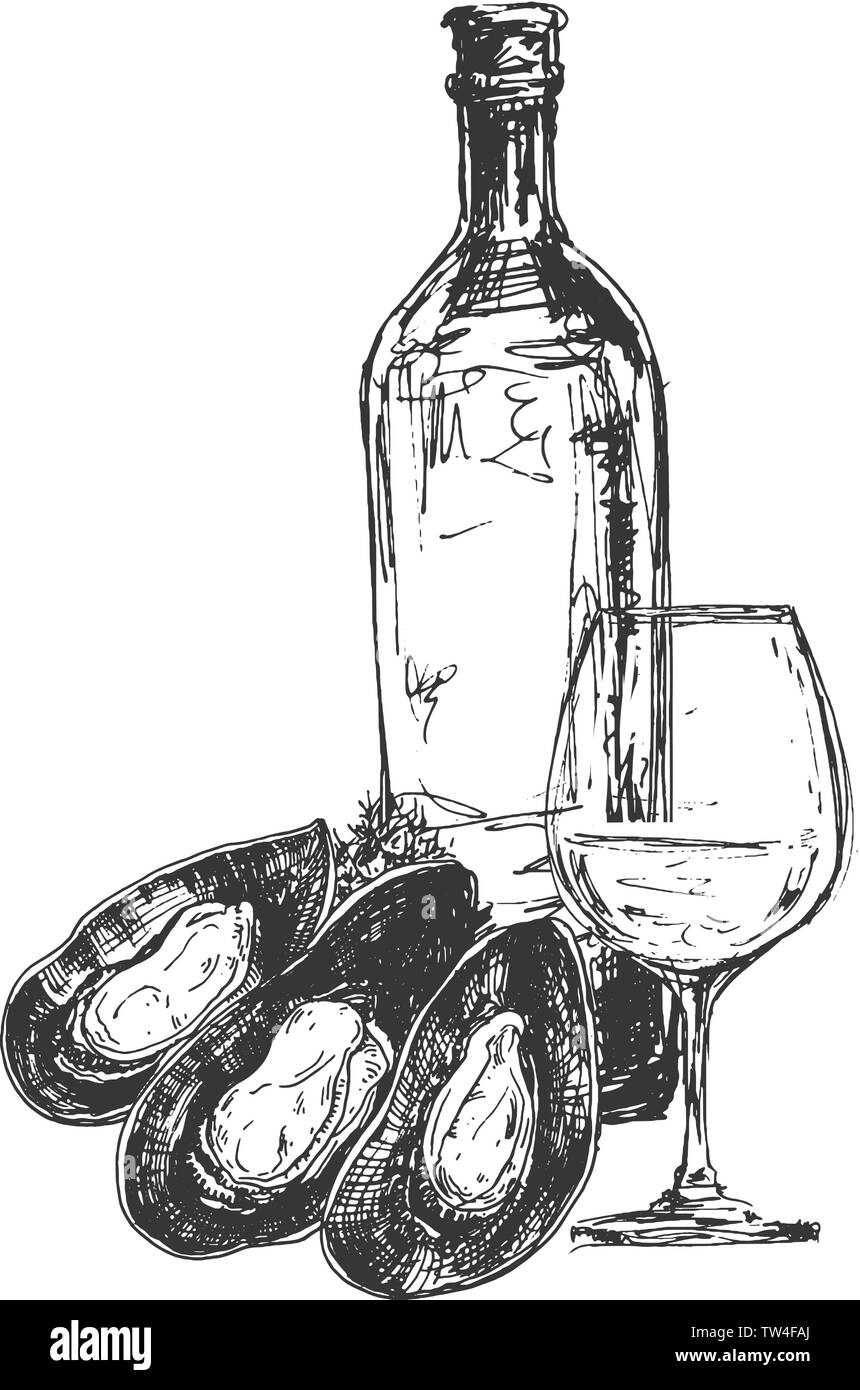 Vector composition with mussels, wine bottle and glass Stock Vector