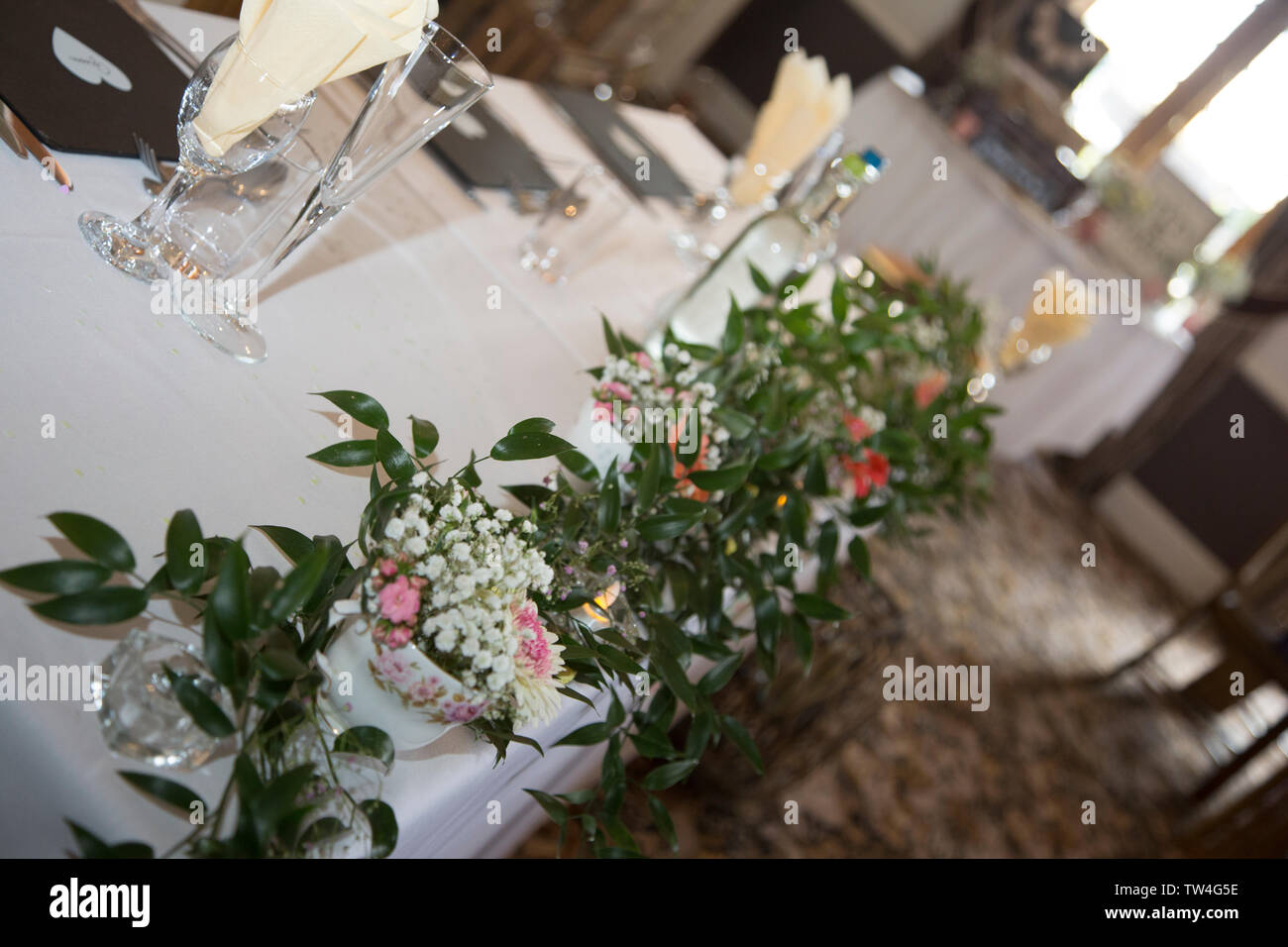 Fresh Flowers On Tables At Wedding Reception In Worcestershire