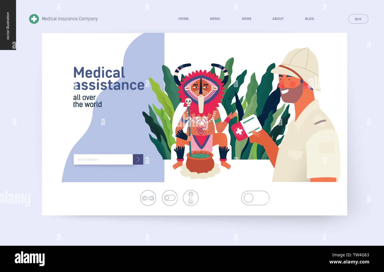 Medical insurance - medical assistance all over the world - modern flat vector concept digital illustration -a traveller applying to a shaman healer f Stock Vector