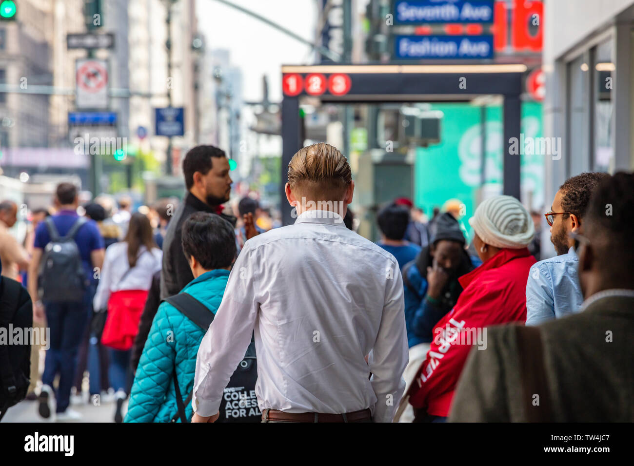 USA, New York, Manhattan downtown. May 2, 2019. Skyscrapers and crowded streets, busy people walking Stock Photo