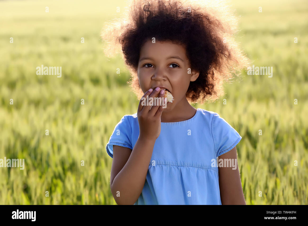 Little Afro American girl in green field Stock Photo - Alamy