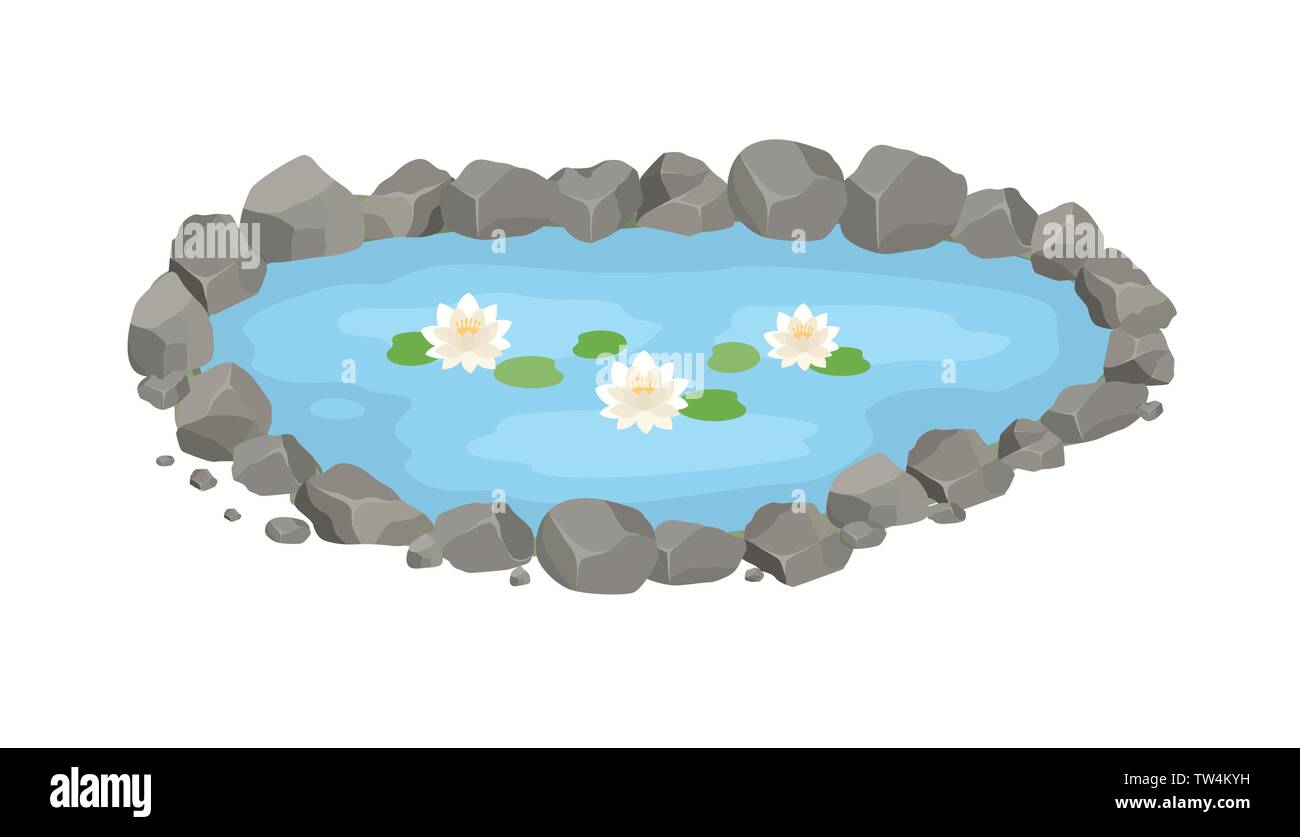 Cartoon vector garden pond illustration with water, stones and water lilies. Stock Vector