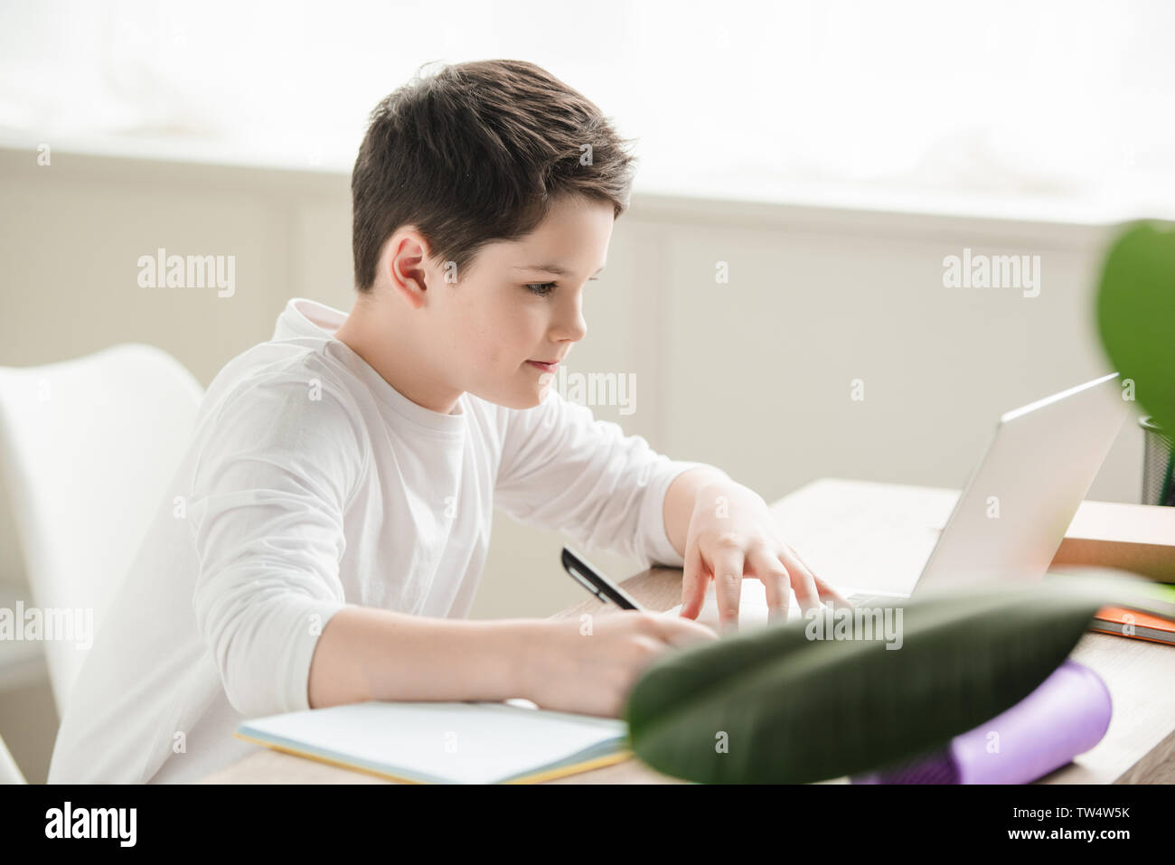 attentive writing in notebook and using laptop while doing schoolwork at home Stock Photo