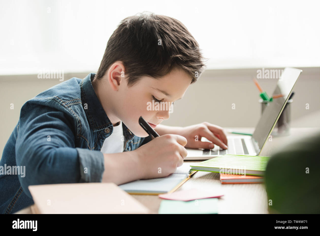 adorable attentive boy writing in notebook and using laptop while doing homework Stock Photo