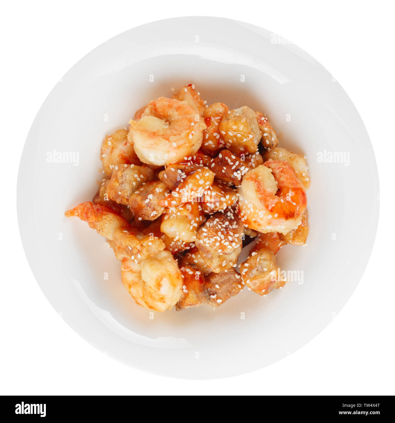 Deep fried eggplant and shrimps in sweet-sour sauce, isolated on white Stock Photo
