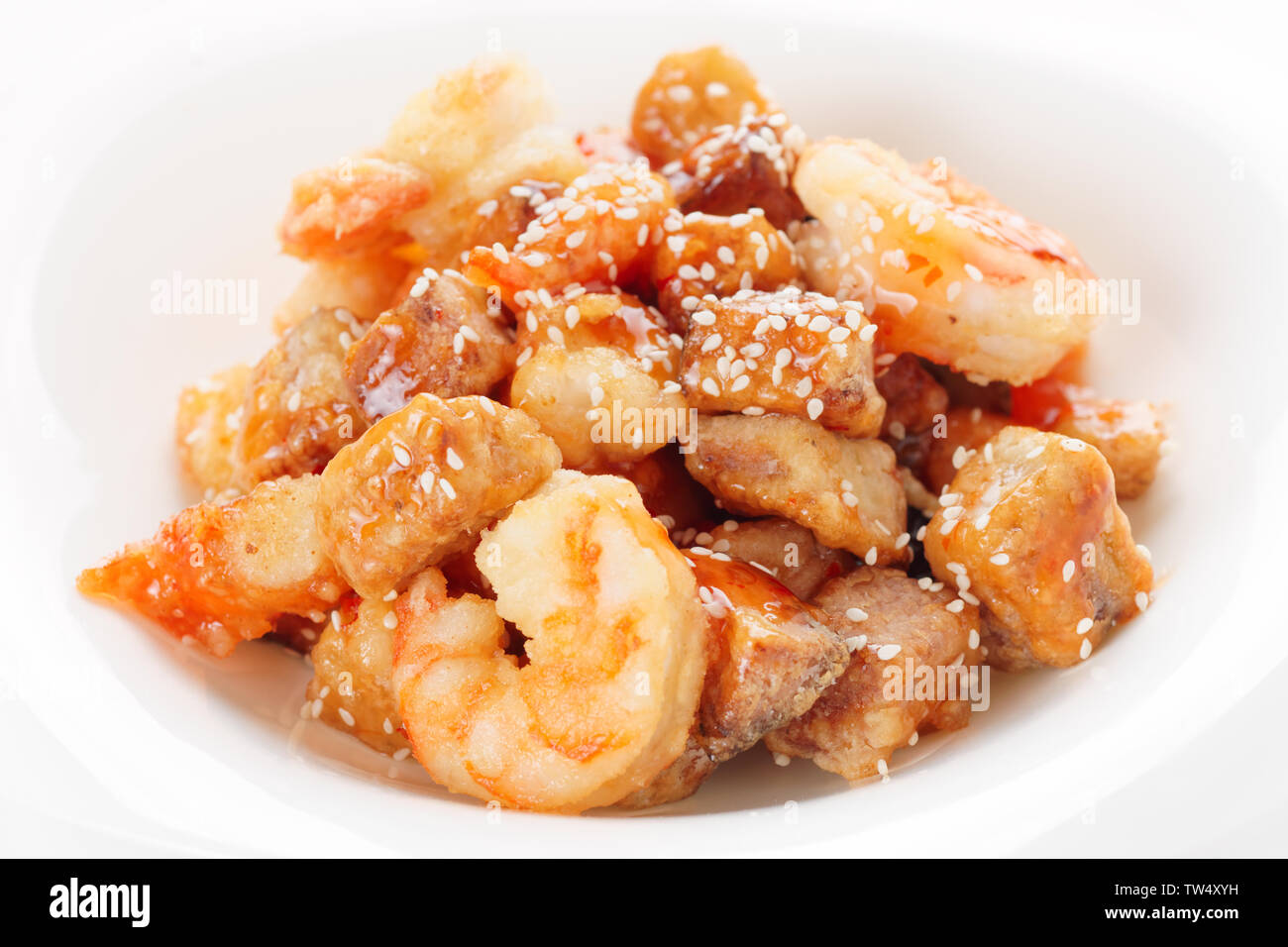 Deep fried eggplant and shrimps in sweet-sour sauce, chinese food Stock Photo