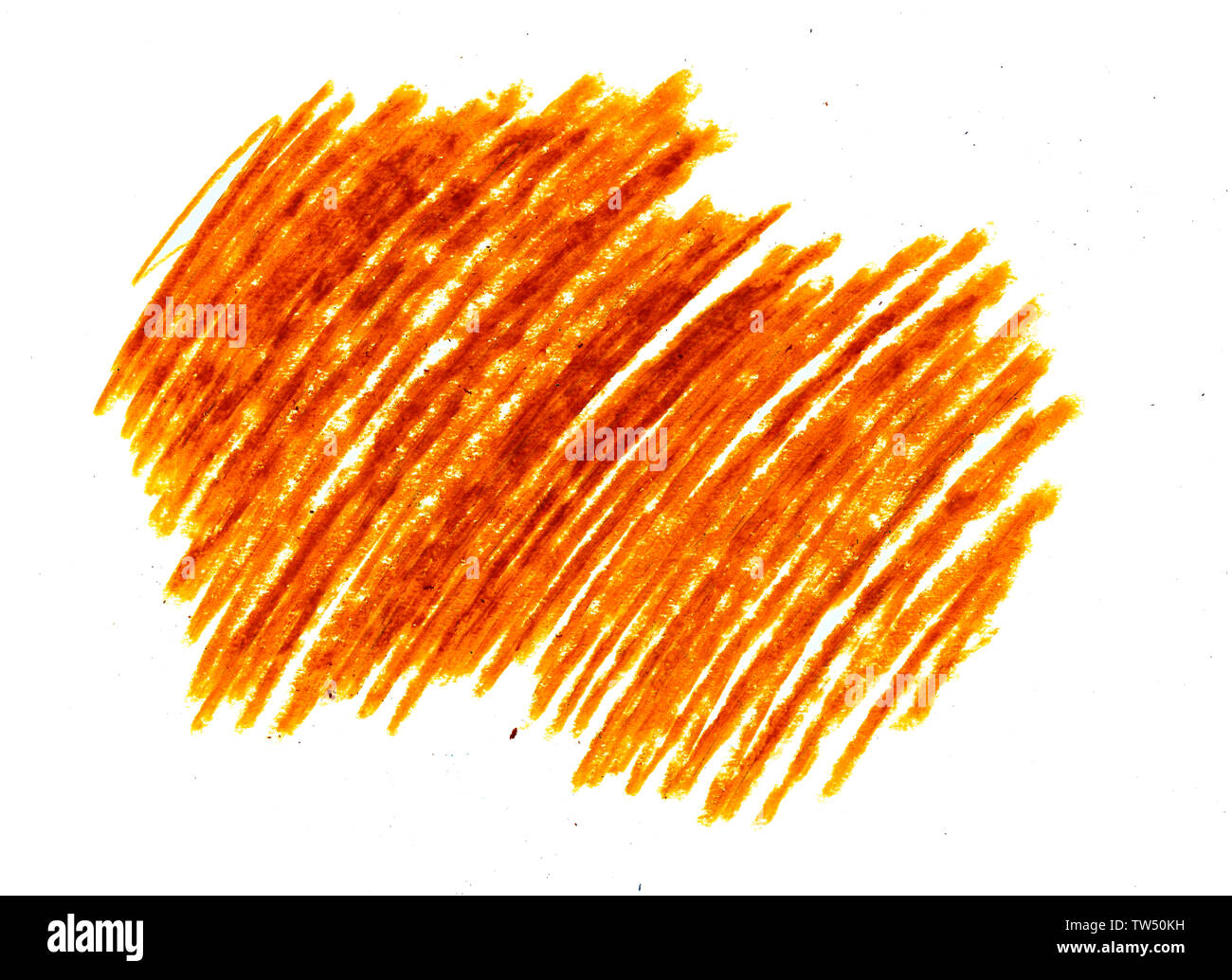 hatching scrawl with children's wax orange pencil on white background Stock Photo