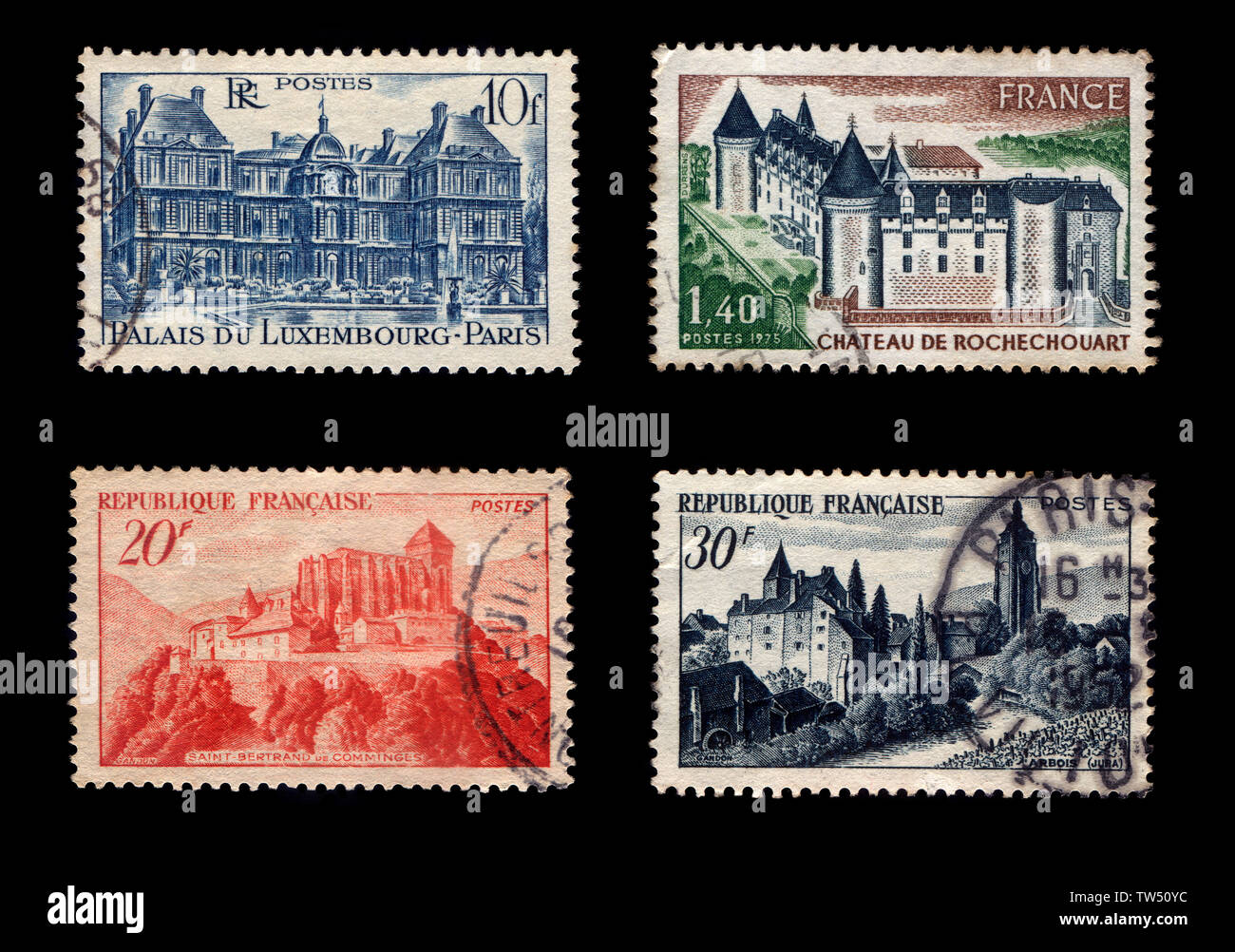 Postage Stamps of France (Isolated on black background) Stock Photo