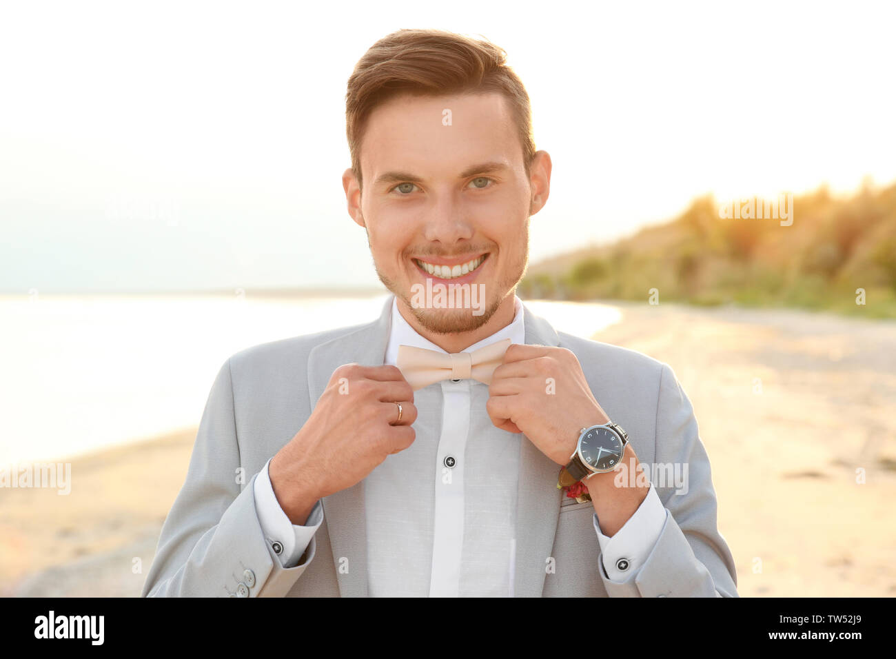 Handsome groom in wedding suit on beach Stock Photo Alamy