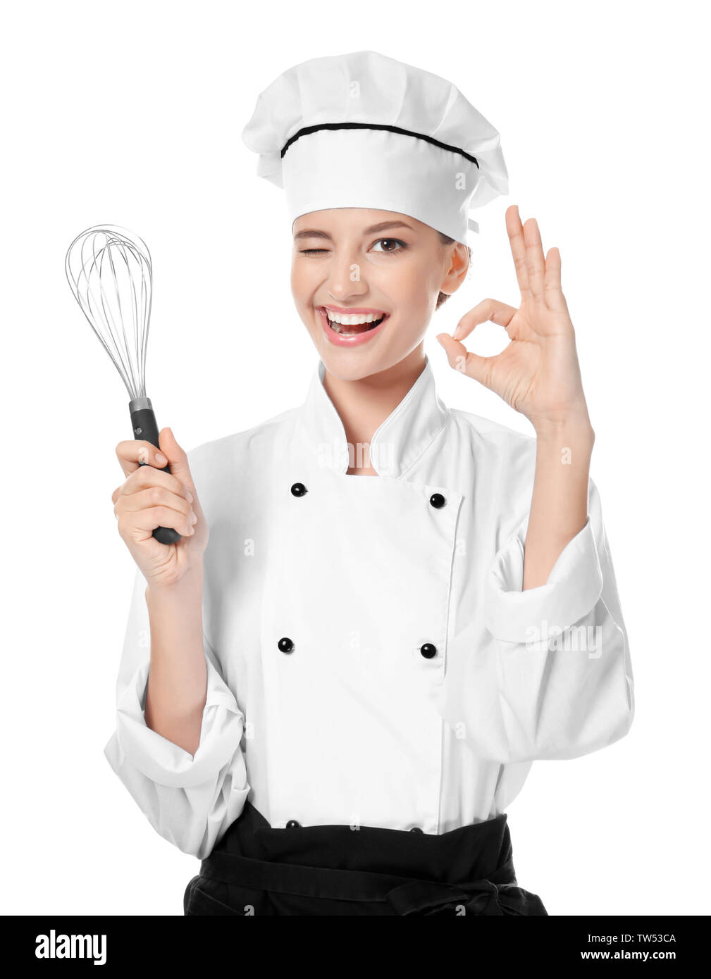 Young female chef with whisk on white background Stock Photo - Alamy