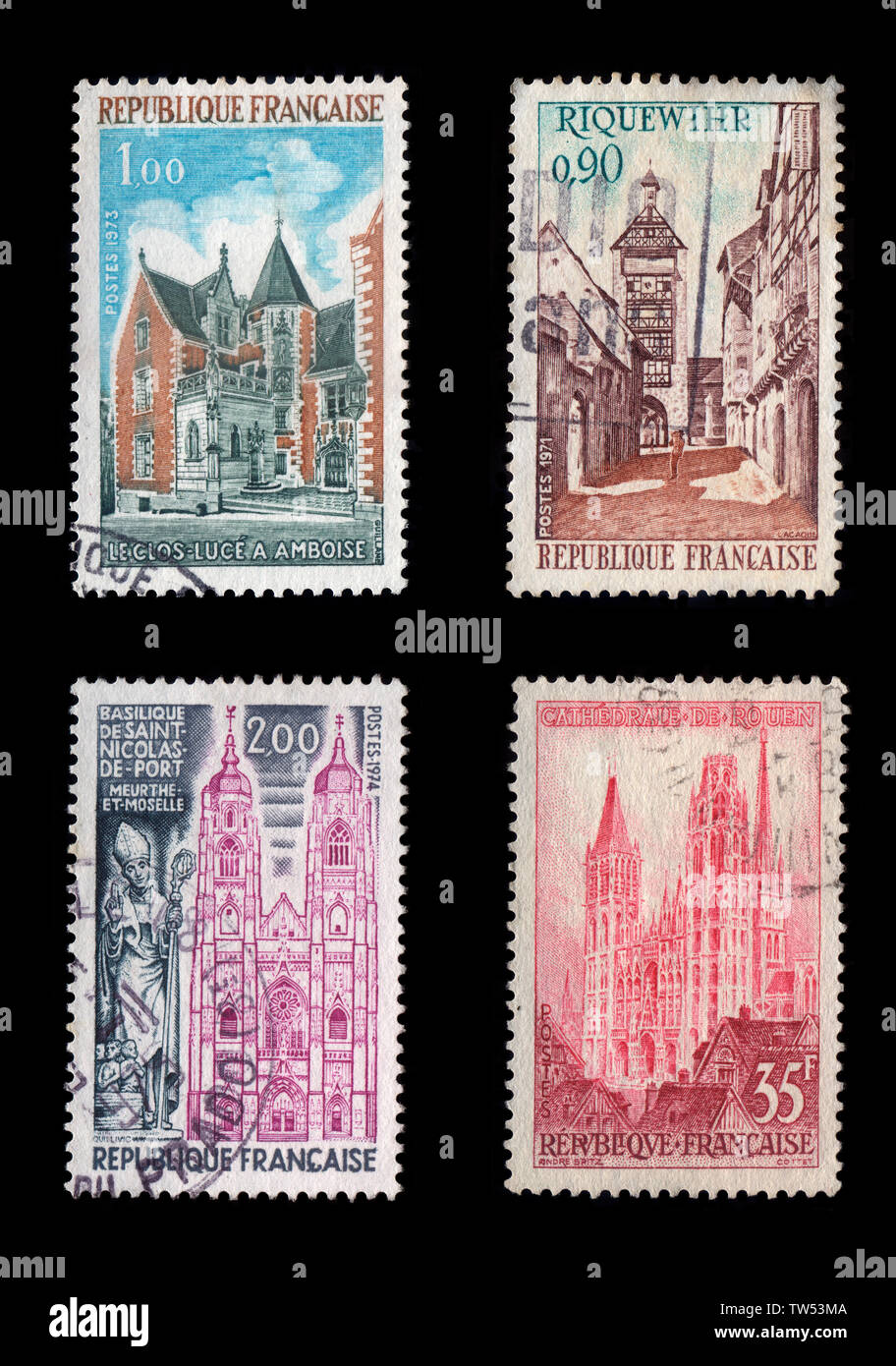 Postage Stamps of France (Isolated on black background) Stock Photo