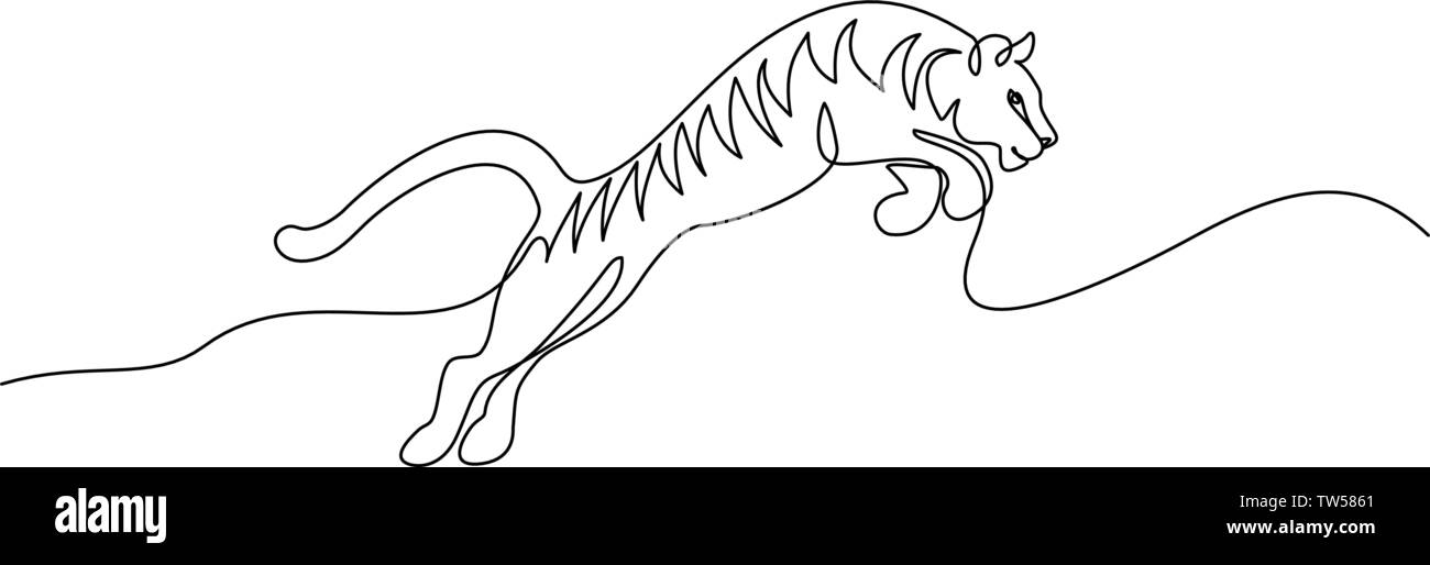Continuous one line drawing. Tiger jumping. Vector illustration Stock Vector