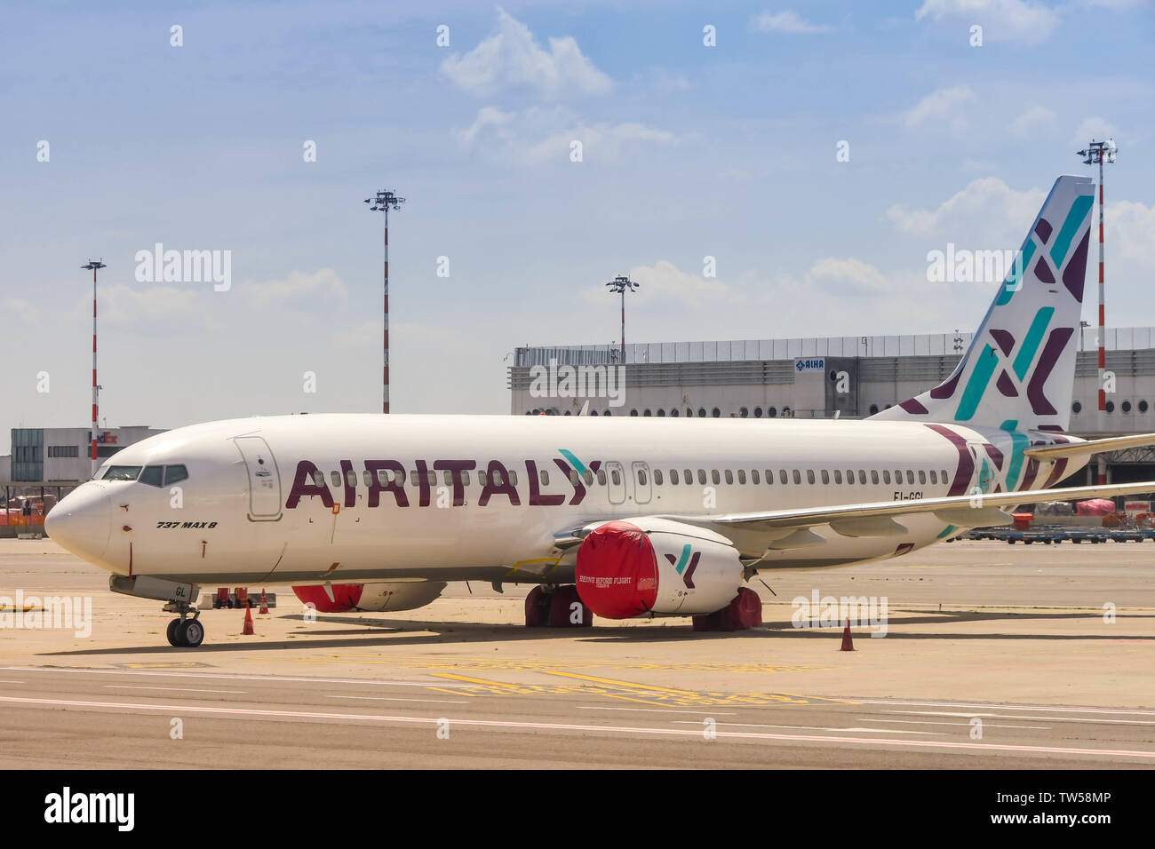 MILAN, ITALY - JUNE 2019: Air Italy Boeing 737 Max 8 parked at Milan Malepensa airport. Operations using this aircraft type were suspended as a result Stock Photo