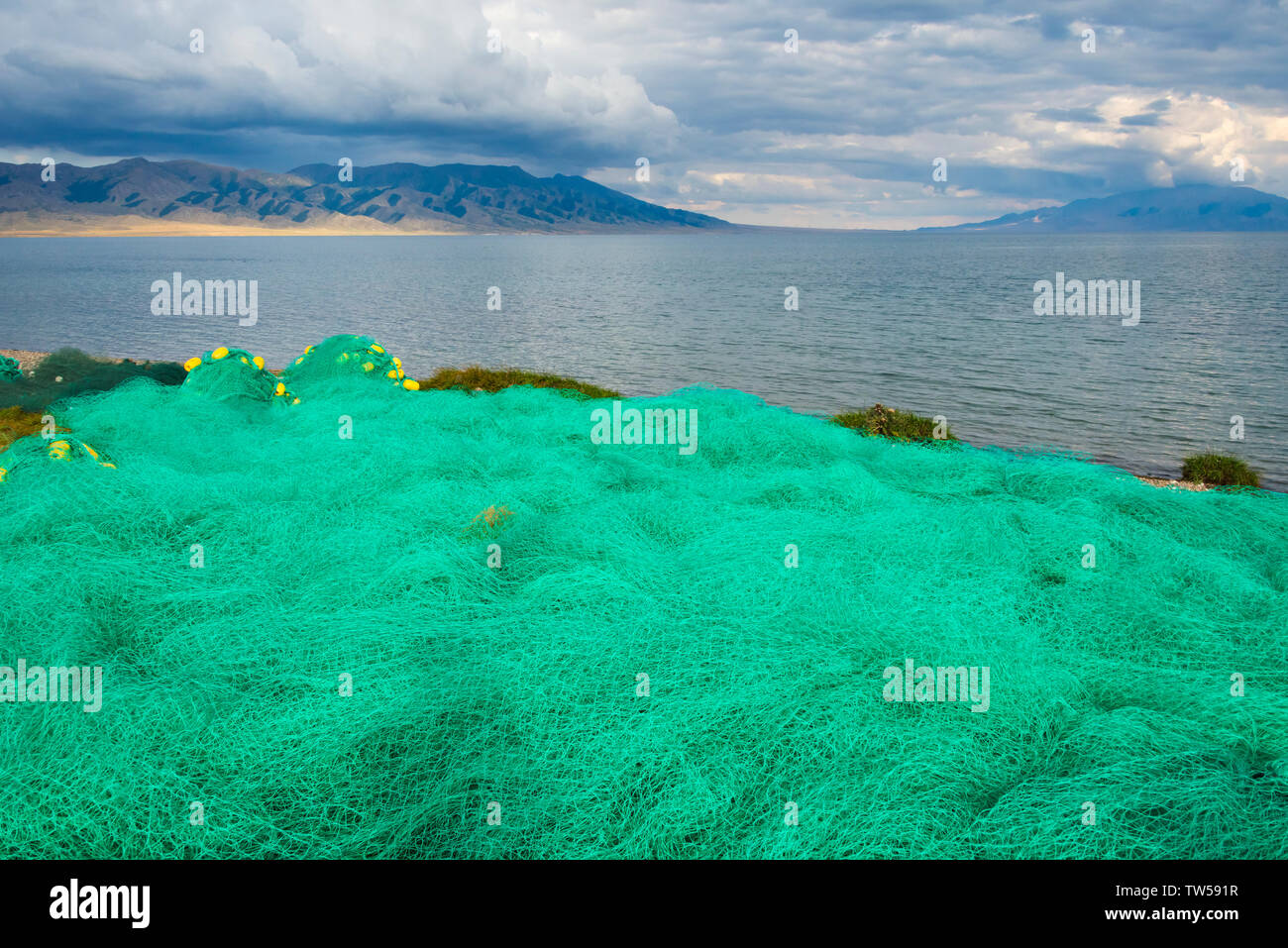 Fish net on the shore of Sayram Lake, Yining (Ghulja), Xinjiang Province, China Stock Photo