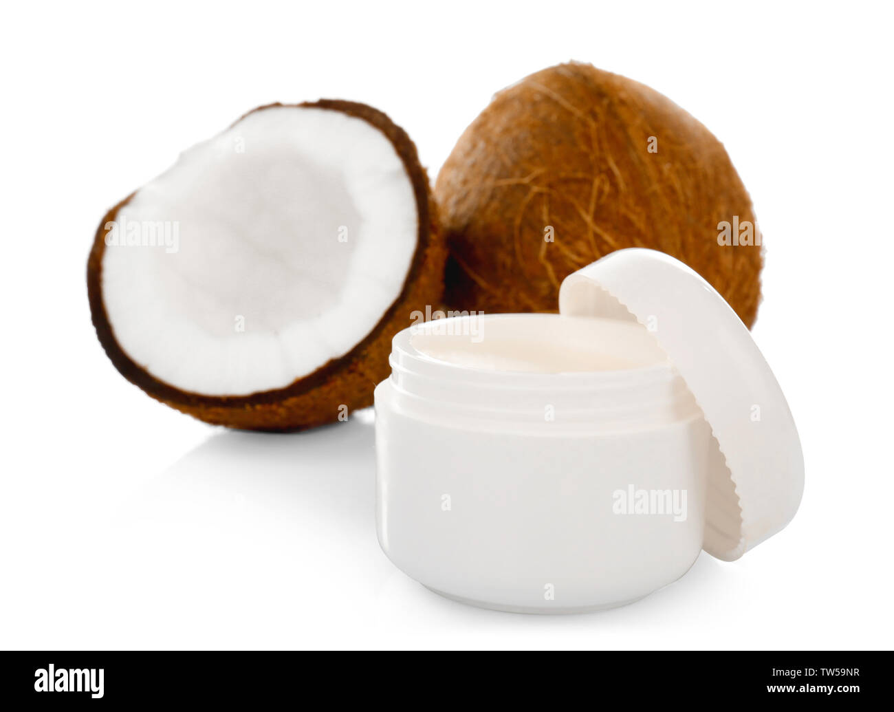 Coconut oil in jar on white background Stock Photo Alamy