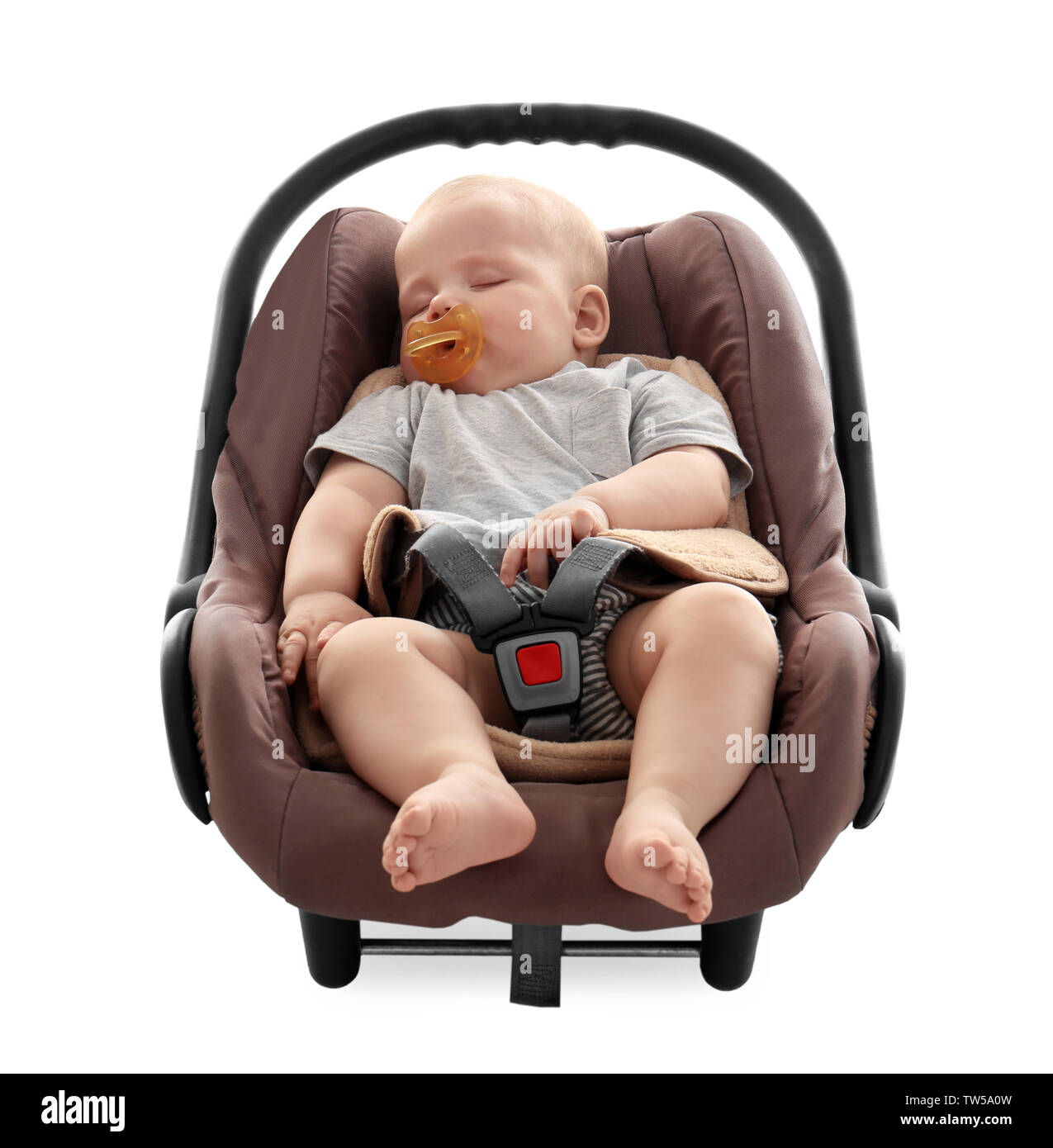 Adorable baby with pacifier sleeping in child safety seat isolated on white Stock Photo Alamy