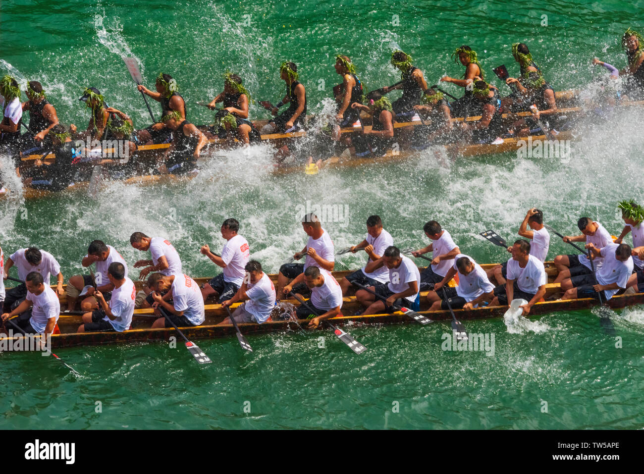 Dragon Boat Race on Wuyang River during Duanwu Festival, Zhenyuan, Guizhou Province, China Stock Photo