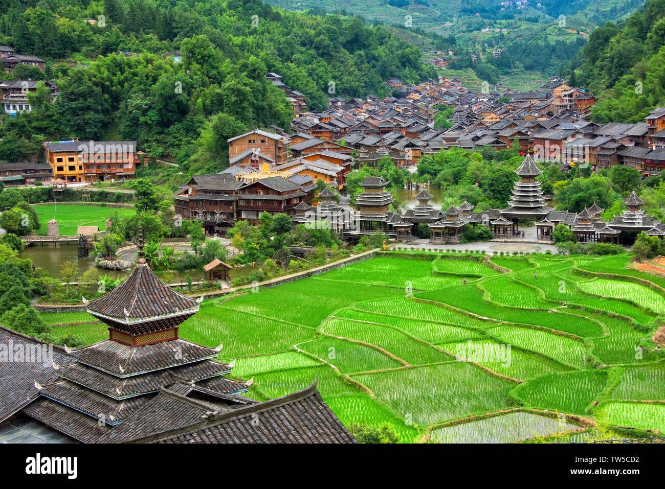 Dong village and rice paddy in the mountain, Zhaoxing, Guizhou Province, China Stock Photo