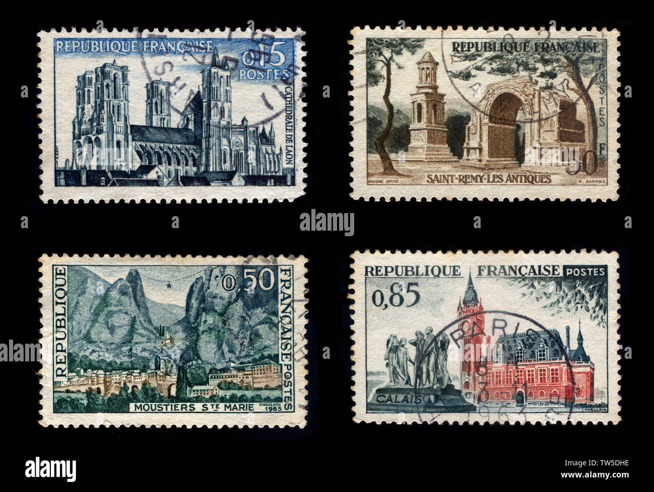 Postage Stamps of France (Isolated on black background) Stock Photo