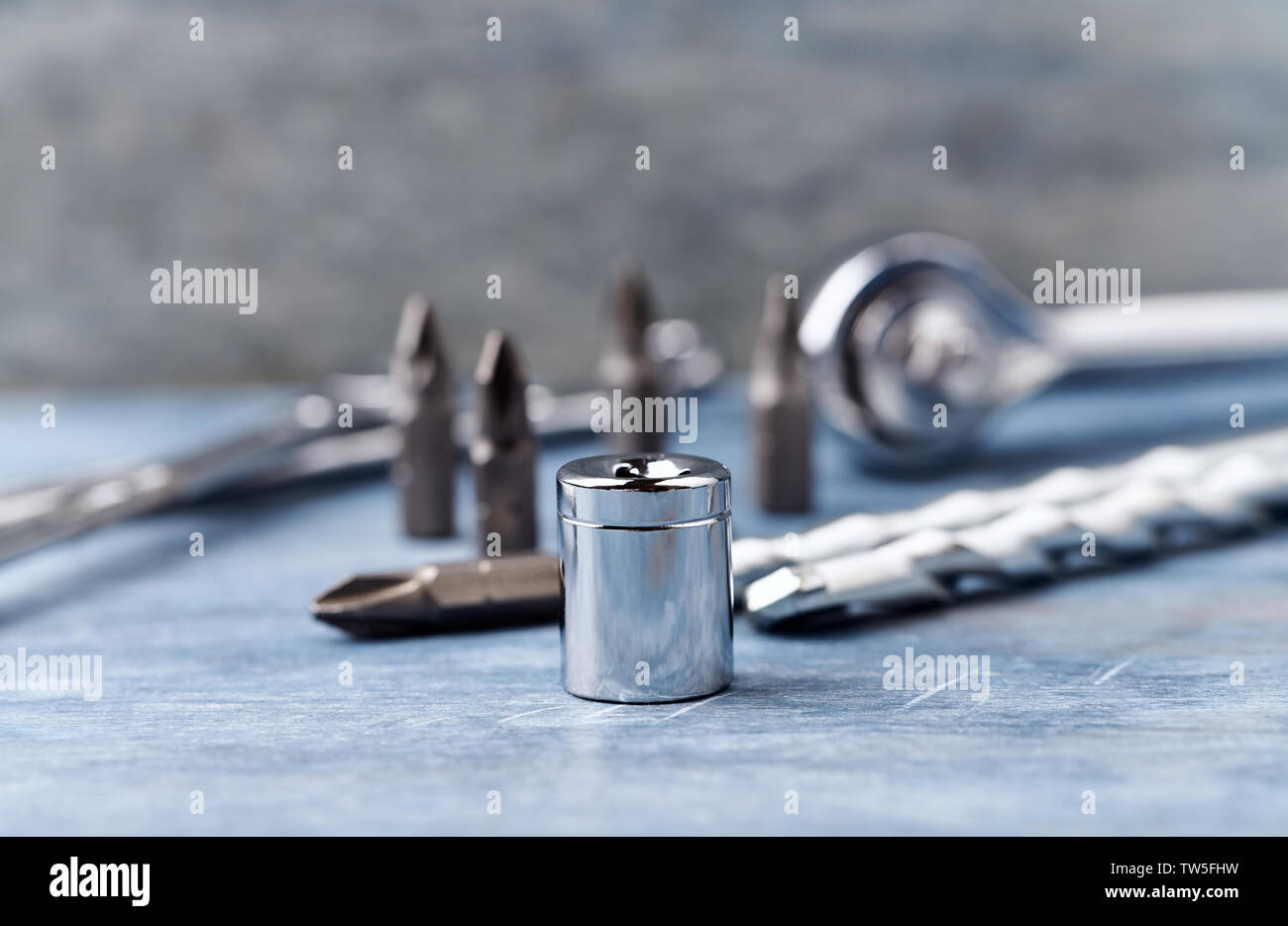 Hand tools on a wooden background. Close up. Stock Photo