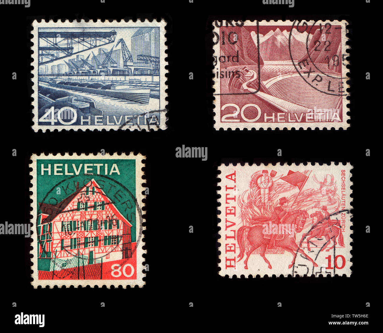 Helvetia Postage Stamps (Isolated on black background) Stock Photo