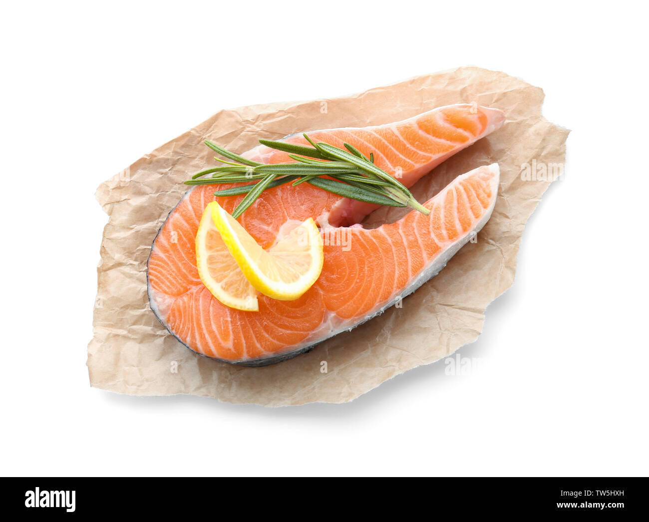 Fresh salmon steak on white background Stock Photo - Alamy