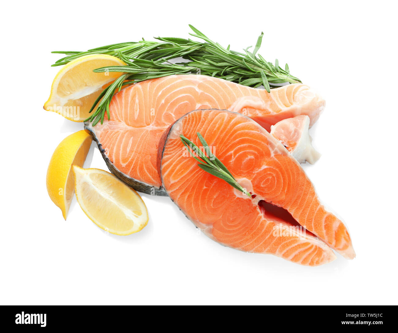 Fresh salmon steaks on white background Stock Photo - Alamy