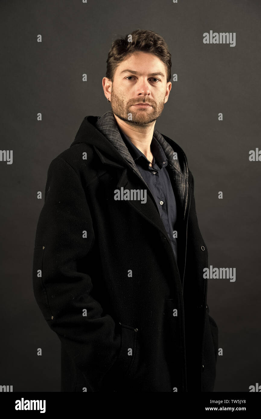 Bearded man wear casual coat. Fashion model pose on dark background. Autumn  or fall fashion outfit. Style or trend and vogue concept. Confidence and  harisma Stock Photo - Alamy