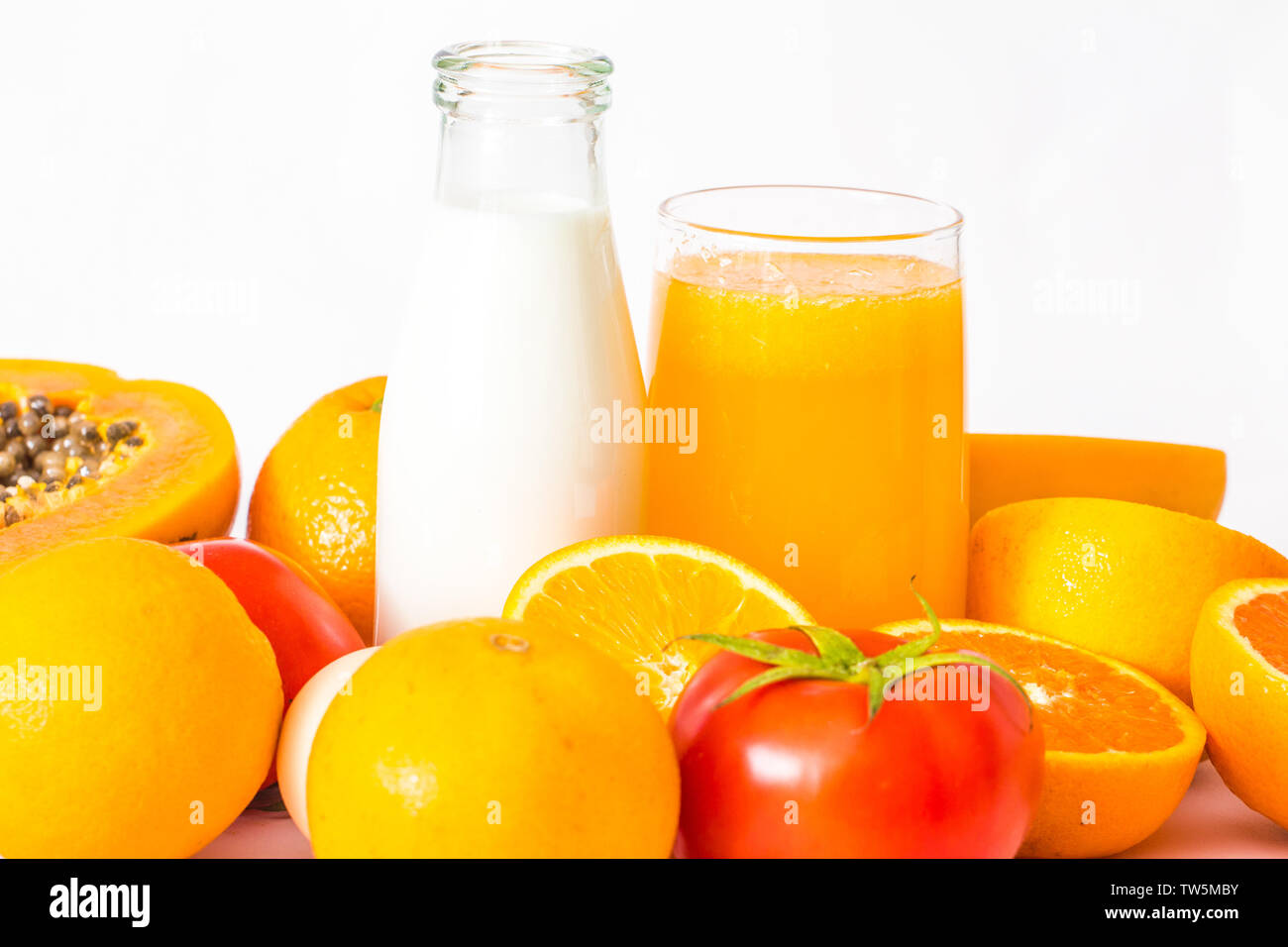 Fresh fruit, milk, orange juice Stock Photo Alamy