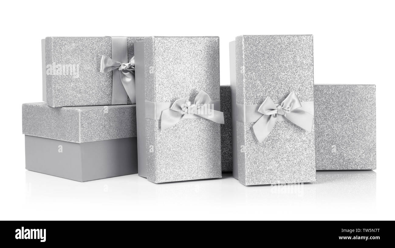 Christmas gift boxes on white background Stock Photo - Alamy