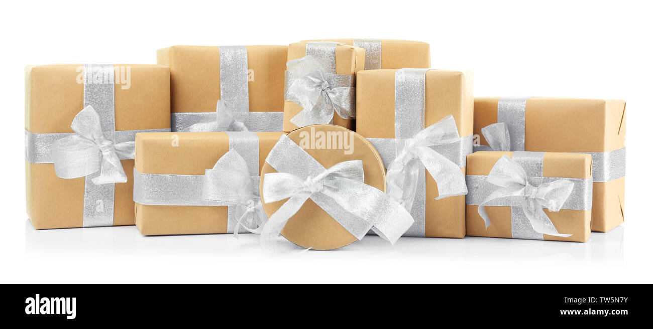 Christmas gift boxes on white background Stock Photo - Alamy