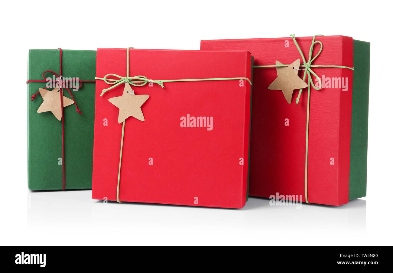 Christmas gift boxes on white background Stock Photo - Alamy