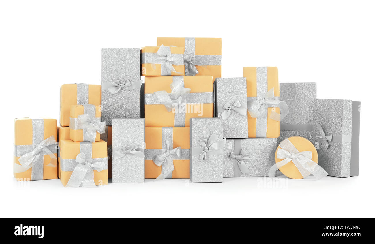 Christmas gift boxes on white background Stock Photo - Alamy