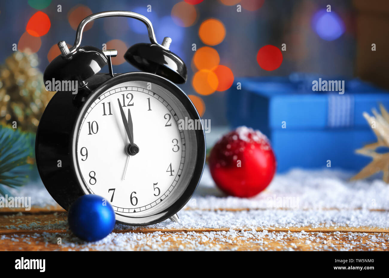 Retro Alarm Clock And Decorations On Table Christmas Countdown