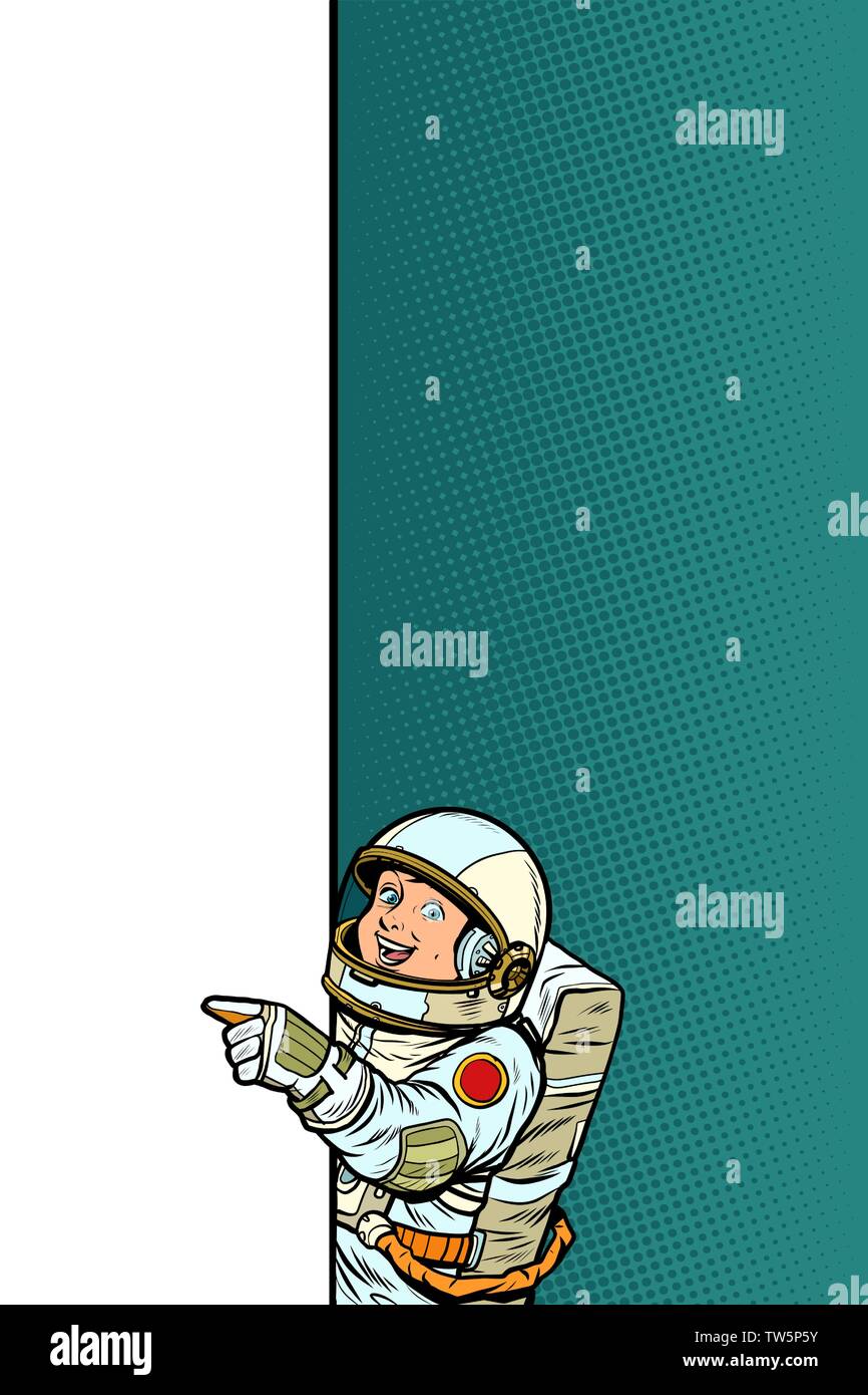 boy child son astronaut. Point to copy space poster Stock Vector