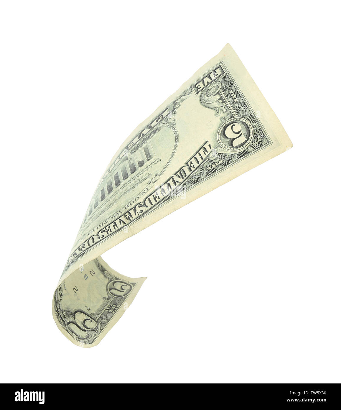 5 dollar bill on white background Stock Photo