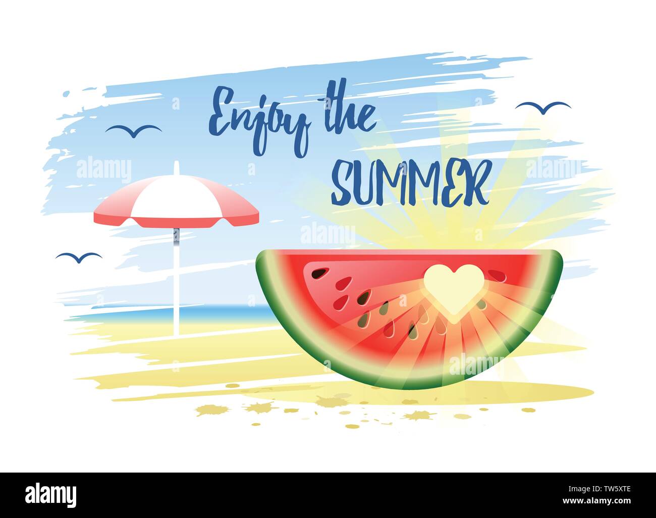 Enjoy The Summer. Summer Holidays concept with watermelon, sun and beach umbrella on the sand beach background. Vector illustration. Stock Vector