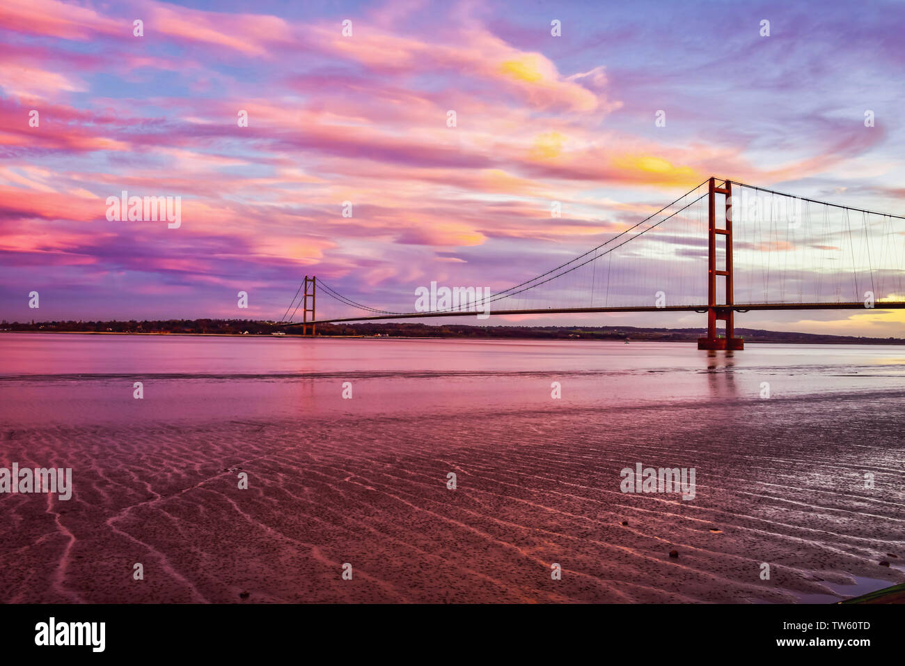 Humber Bridge at Sunset, Humberside, UK Stock Photo