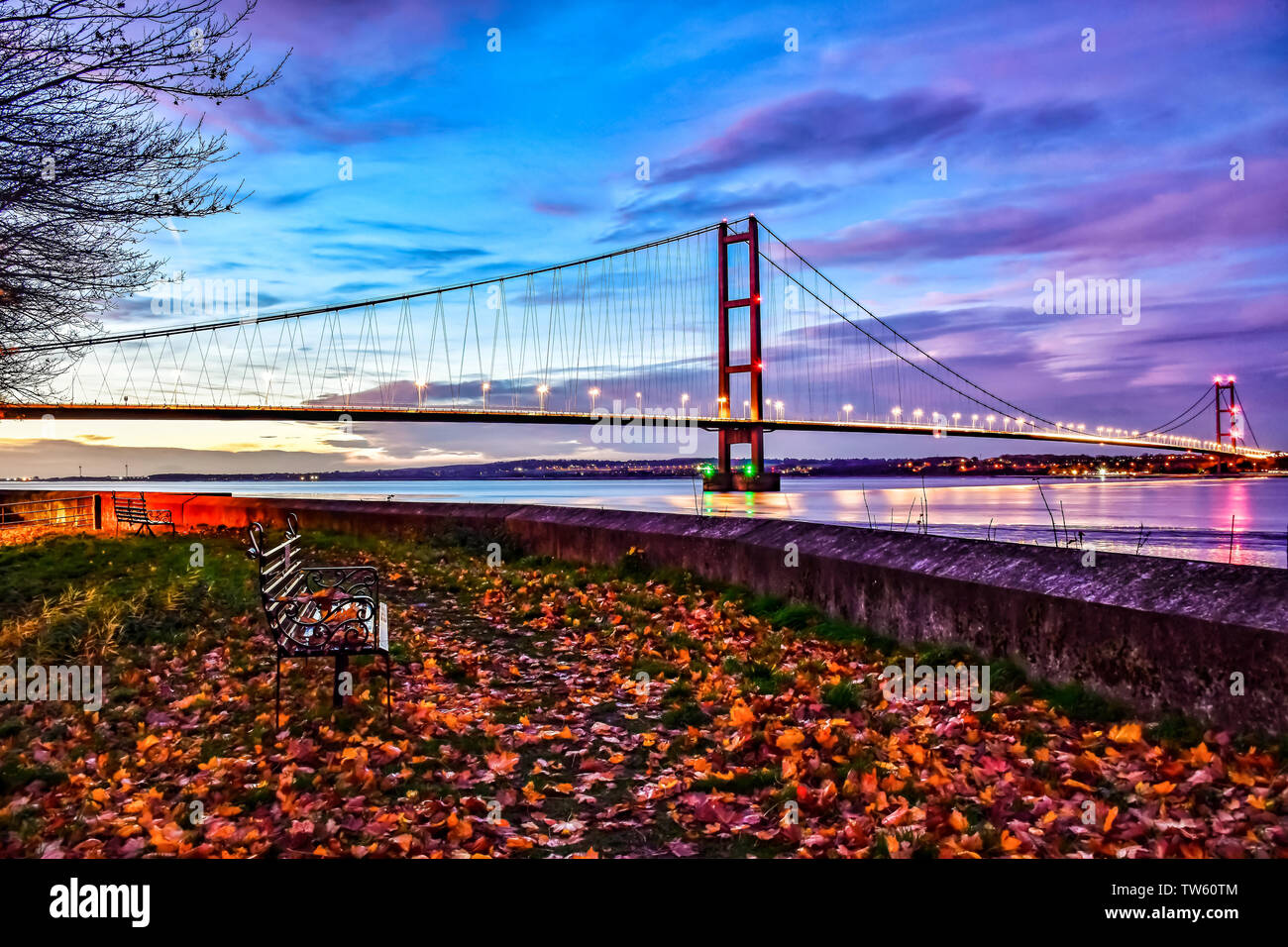 Humber Bridge at Sunset, Humberside, UK Stock Photo