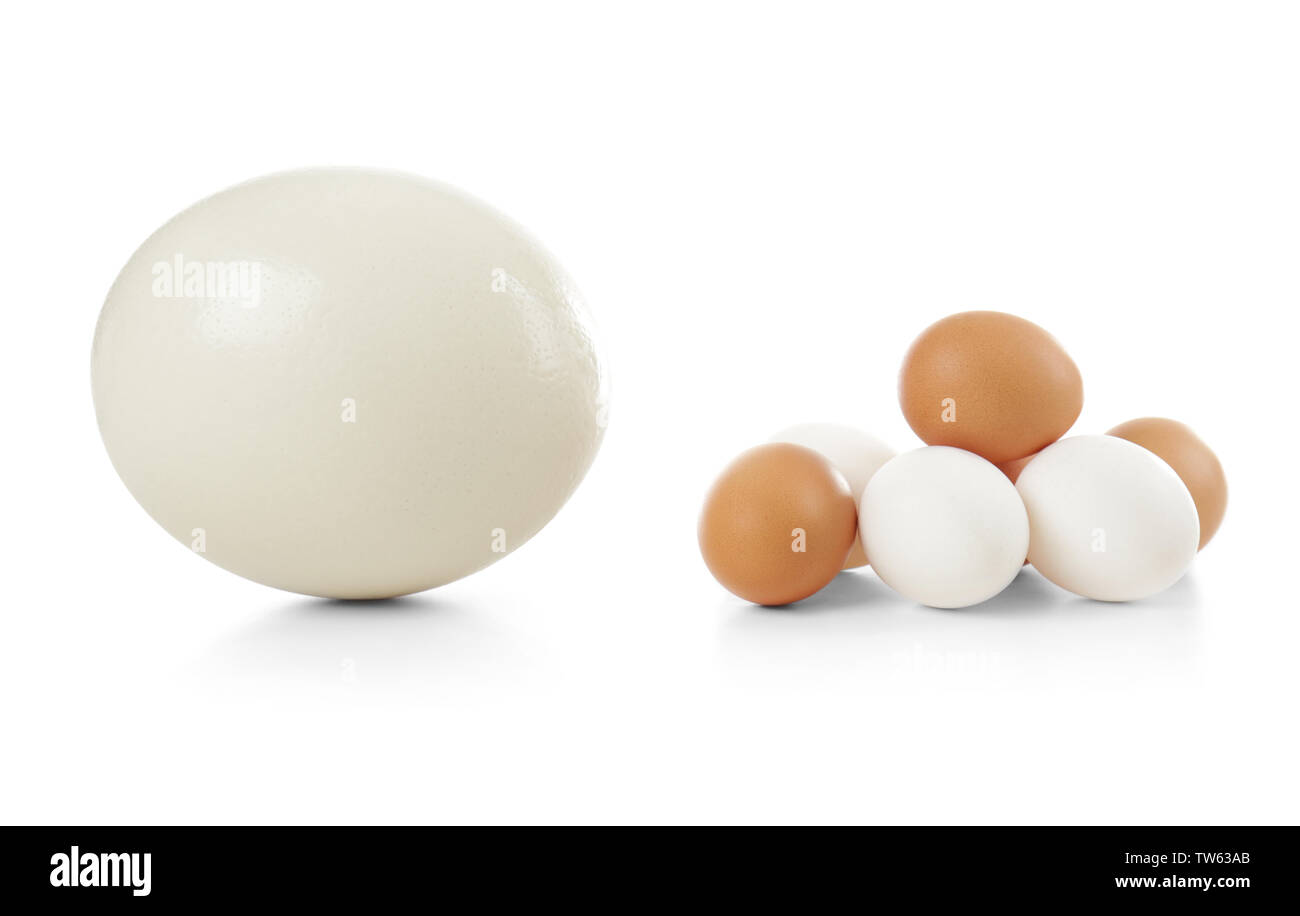 Ostrich and chicken eggs on white background Stock Photo