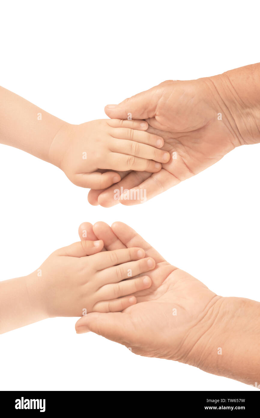 Hands of elderly man and baby on white background Stock Photo - Alamy