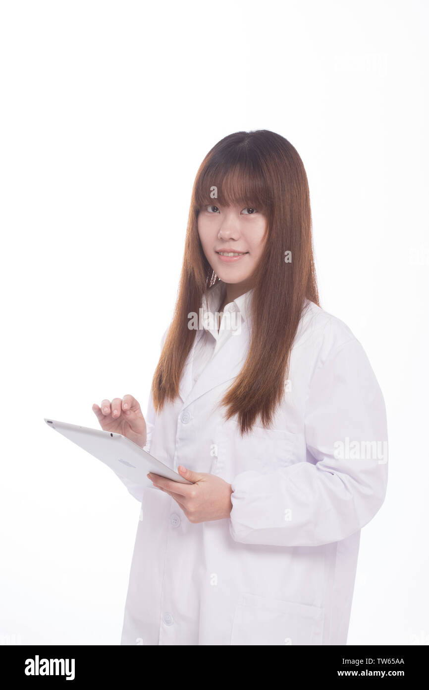 Young Asian Woman Plastic Surgeon With Clipboard On White Background Young Asian Woman Plastic Surgeon With Clipboard On White Background