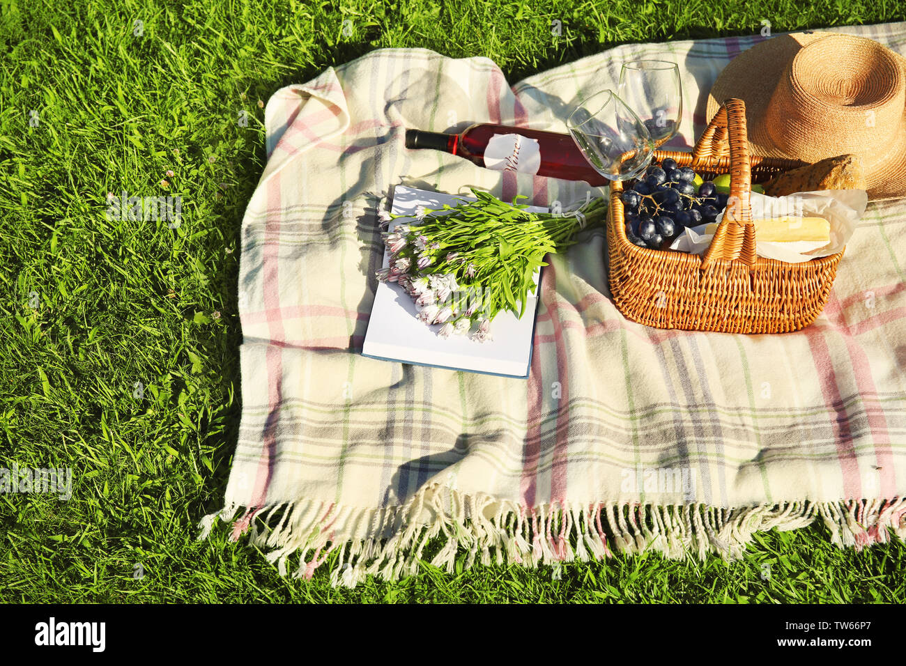Composition with picnic basket on blanket outdoors Stock Photo Alamy