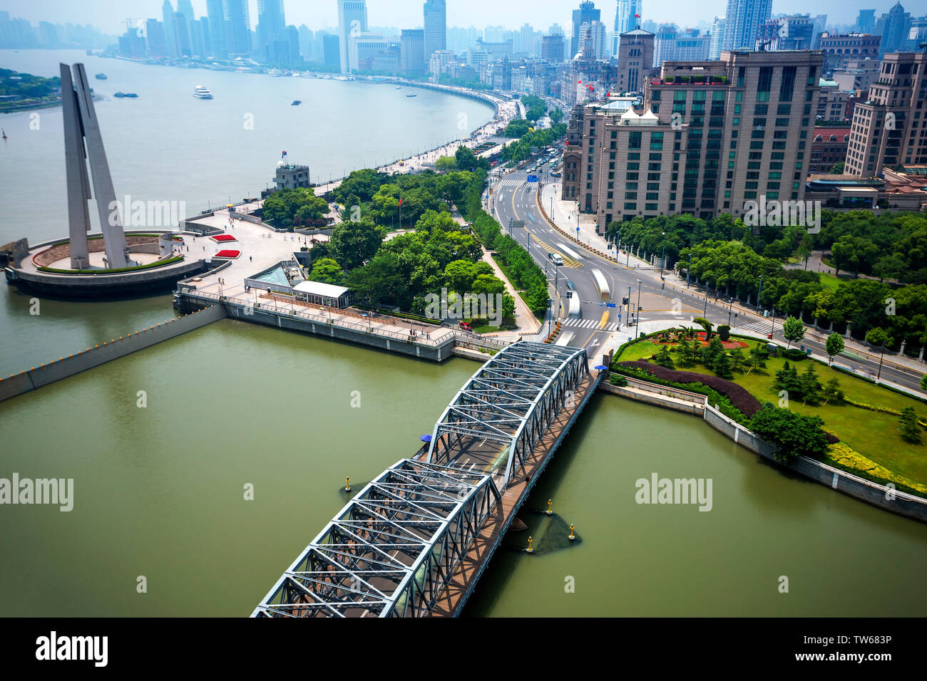 panoramic high angle view of shanghai at riverbank Stock Photo