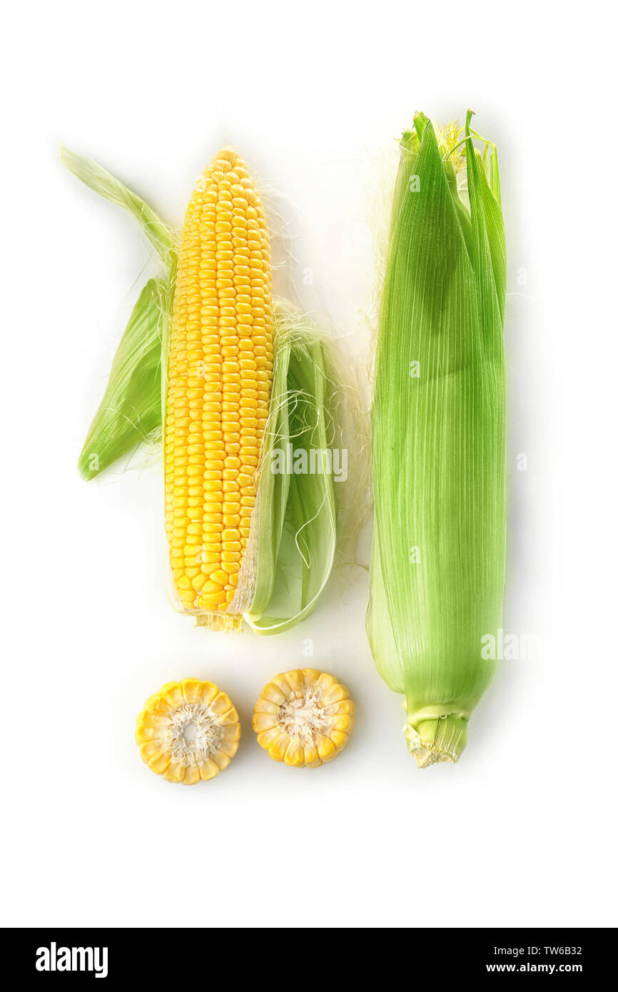 Ripe corn cobs on white background Stock Photo